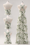 Green Flower A-Line Strapless Printed Ruched Convertible Long Bridesmaid Dress