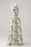 A-Line Ruched Convertible Design Floor Length Green Floral Bridesmaid Dress