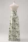 A-Line Ruched Convertible Design Floor Length Green Floral Bridesmaid Dress