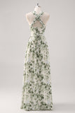 A-Line Ruched Convertible Design Floor Length Green Floral Bridesmaid Dress