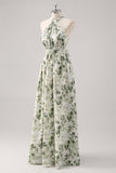 A-Line Ruched Convertible Design Floor Length Green Floral Bridesmaid Dress