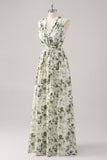 A-Line Ruched Convertible Design Floor Length Green Floral Bridesmaid Dress