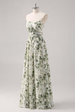 Green Flower A-Line Strapless Printed Ruched Convertible Long Bridesmaid Dress