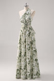 Green Flower A Line One Shoulder Convertible Design Bridesmaid Dress