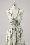 Green Flower A-Line V Neck Print Ruched Convertible Design Long Bridesmaid Dress