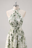 Green Flower A-Line Print Ruched Convertible Design Long Bridesmaid Dress
