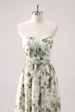 Green Flower A-Line Strapless Printed Ruched Convertible Long Bridesmaid Dress