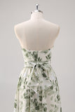 Green Flower A-Line Strapless Printed Ruched Convertible Long Bridesmaid Dress