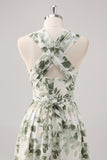 Green Flower A-Line V Neck Print Ruched Convertible Design Long Bridesmaid Dress
