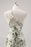Green Flower A Line One Shoulder Convertible Design Bridesmaid Dress