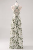 Green Flower A-Line Strapless Printed Ruched Convertible Long Bridesmaid Dress