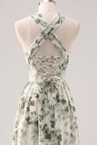 Green Flower A-Line Strapless Printed Ruched Convertible Long Bridesmaid Dress