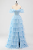 Sky Blue Off The Shoulder Tiered Corset A Line Bridesmaid Dress