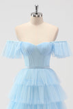 Sky Blue Off The Shoulder Tiered Corset A Line Bridesmaid Dress