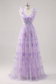 Lavender Flower A Line Cut Out Pleated Long Bridesmaid Dress