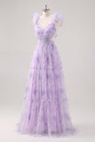 Lavender Flower A Line Cut Out Pleated Long Bridesmaid Dress