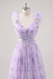 Lavender Flower A Line Cut Out Pleated Long Bridesmaid Dress