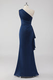 Navy Mermaid One Shoulder Long Formal Dress with Ruffles