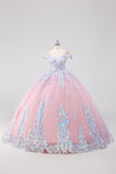 Princess Blush Pink Off the Shoulder Sequined Rhinestones Tulle Quinceanera Dress with Bow