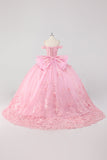 Princess Blush Pink Ball Gown Off the Shoulder Beaded Butterfly Tulle Quinceanera Dress with Bow