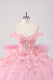 Princess Blush Pink Ball Gown Off the Shoulder Beaded Butterfly Tulle Quinceanera Dress with Bow