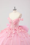 Princess Blush Pink Ball Gown Off the Shoulder Beaded Butterfly Tulle Quinceanera Dress with Bow