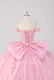 Princess Blush Pink Ball Gown Off the Shoulder Beaded Butterfly Tulle Quinceanera Dress with Bow