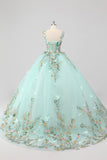 Princess Mint Ball Gown Spaghetti Straps Tulle Quinceanera Dress with Flower Appliques