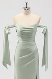 Sage Green Off The Shoulder Mermaid Ruched Long Bridesmaid Dress