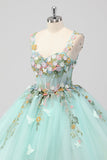 Princess Mint Ball Gown Spaghetti Straps Tulle Quinceanera Dress with Flower Appliques