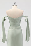 Sage Green Off The Shoulder Mermaid Ruched Long Bridesmaid Dress