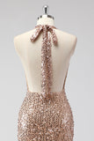 Glitter Champagne Mermaid Halter Open Back Long Prom Dress with Sequins