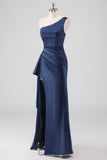 Elegant Navy Satin One Shoulder Formal Dress with Slit