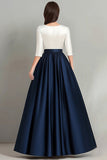 White Navy A Line Boat Neck Long Choir Dress with Half Sleeves