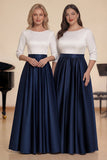 White Navy A Line Boat Neck Long Choir Dress with Half Sleeves