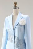 Blue Satin V-Neck Long Sleeves 2 pieces Mother Of The Bride Dress
