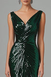 Dark Green Mermaid V-Neck Sequins Pleated Formal Dress