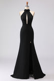 Black Mermaid Halter Neck Open Back Satin Formal Dress with Slit