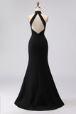 Black Mermaid Halter Keyhole Plus Size Satin Formal Dress with Slit