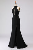 Black Mermaid Halter Neck Open Back Satin Formal Dress with Slit