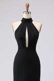 Black Mermaid Halter Keyhole Plus Size Satin Formal Dress with Slit