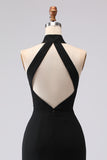 Black Mermaid Halter Keyhole Plus Size Satin Formal Dress with Slit