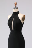Black Mermaid Halter Neck Open Back Satin Formal Dress with Slit