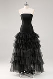 Black Strapless Tulle Tiered Ruffled Formal Dress with Slit