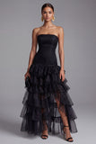 Black Strapless Tulle Tiered Ruffles Formal Dress
