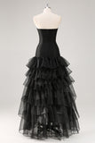 Black Strapless Tulle Tiered Ruffled Formal Dress with Slit