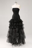 Black Strapless Tulle Tiered Ruffled Formal Dress with Slit