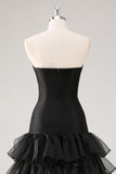 Black Strapless Tulle Tiered Ruffled Formal Dress with Slit