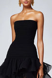 Black Strapless Tulle Tiered Ruffled Formal Dress with Slit