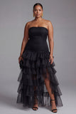 Black Strapless Tulle Tiered Ruffles Formal Dress